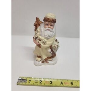Vtg Ceramic Santa Claus Figurine with‎ Tree and Gift Bags Gold Glitter Accents